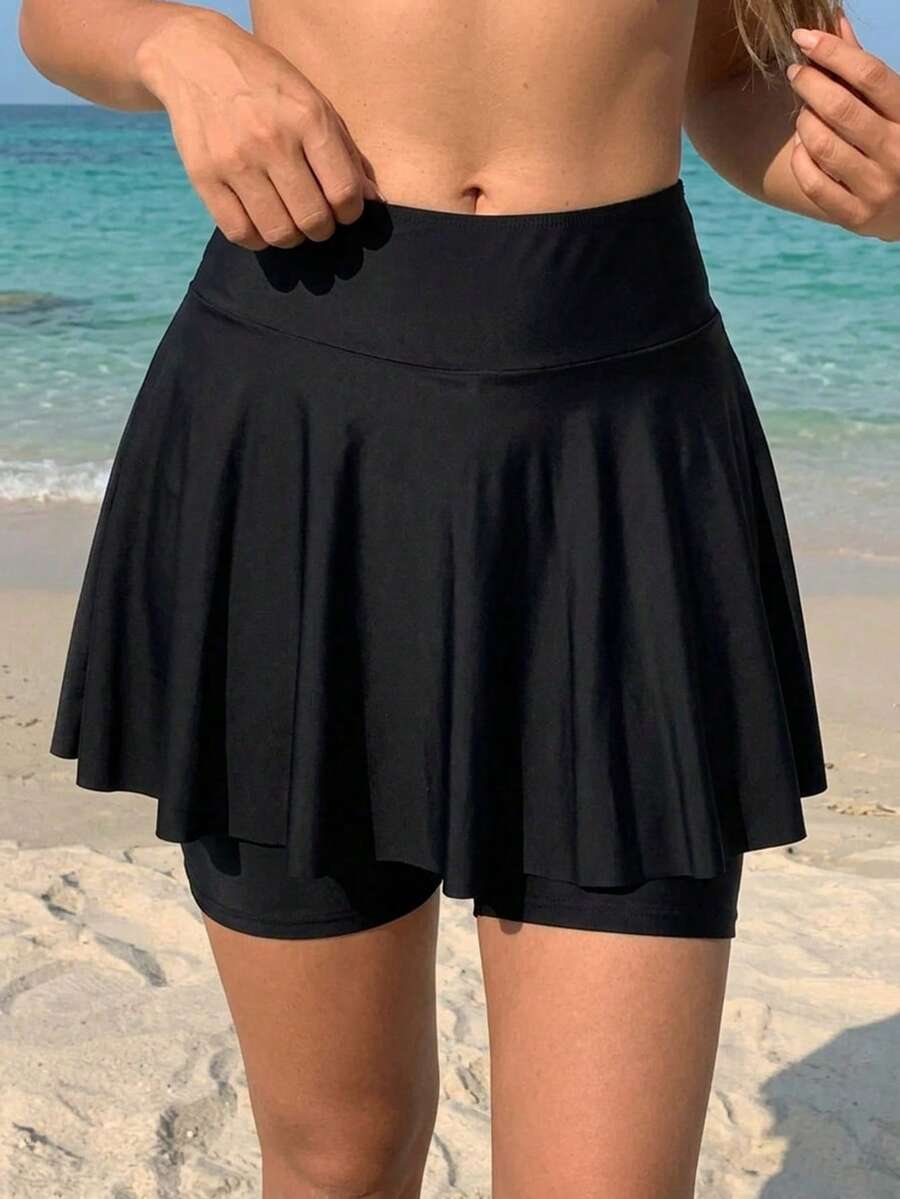 DAZY 女款純色極簡設計裙式比基尼泳褲 度假夏季款 - 黑色 - 查看 1
