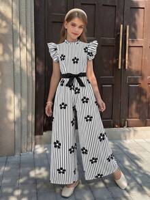 SHEIN Tween Girls Ruched Collar, Detachable Waist Belt, Polka Dot Pleated Jumpsuit, Featuring Flutter Sleeves, Ruffle Collar. Suitable For Elegant Casual, Holiday, Party, Shopping - Black and White - View 6