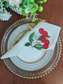 Cirelle 1/2/4pcs Cherry Embroidered Cotton Napkins, Cute Fruit & Floral Cloth Napkin, Reusable & Washable Dinner Napkins For Kitchen, Party, Wedding, Home Table Decor - Multicolor - View 8