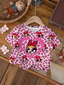 THE POWERPUFF GIRLS X SHEIN T-shirt med rund hals och kort ärm för tweenflickor, tecknad film och hjärtmönster - Vitt - Visa 1