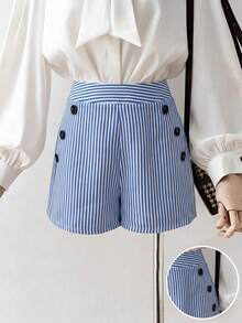 Elenzga Striped Button Decor Elegant Romantic Commute Minimalist Shorts Vacation Blue And White Stripe Summer - Blue and White - View 5