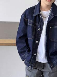 DAZY 大童超大翻领休闲长袖夹克，牛仔外套 - 藏蓝色 - 查看 8