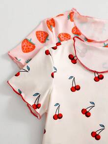 SHEIN 4件套女童可爱水果印花短袖短裤针织睡衣套装 - 彩色 - 查看 3
