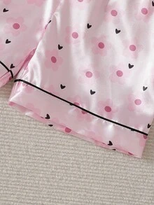 SHEIN 4件套花卉爱心印花女童幼儿开衫睡衣套装 - 淺粉色 - 查看 8