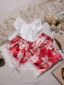 LuxeNights 3pcs Women Sexy Satin Camisole Sleepwear Set, Lace Trim Shorts & Printed Pants, Multi-Piece, All Season - Burgundy - View 3
