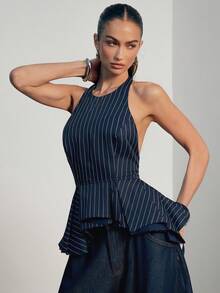 Hauture Women's Sexy Casual Pinstripe Halter Neck Peplum Top With Ruffle, Versatile Daily Wear Top Old Money, Work Brunch Dates Weddings Concerts - Blue - View 4