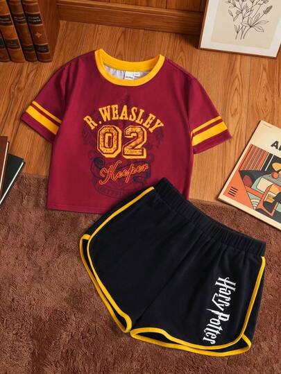 HARRY POTTER X SHEIN 少女字母条纹印花圆领短袖T恤和撞色滚边短裤套装