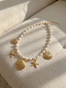 Resyla 1pc Bohemian Style Sea Themed Starfish And Seashells Pendant Necklace, Suitable For Women Beach Holiday Wear - Gold - View 2