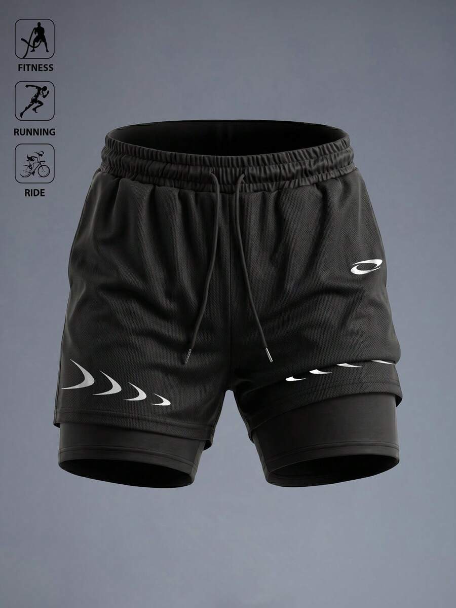 Acti Log Men's Geometric Print Drawstring Waist Double Layer Sports Shorts, Gym, Holiday - Multicolor - View 1