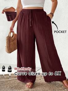 SHEIN CURVE+ 大尺碼女款春夏商務休閒海灘套裝，時尚通勤優雅紫色蓮藕粉寬腿口袋長褲，海灘度假穿搭 - 紫紅色 - 查看 1