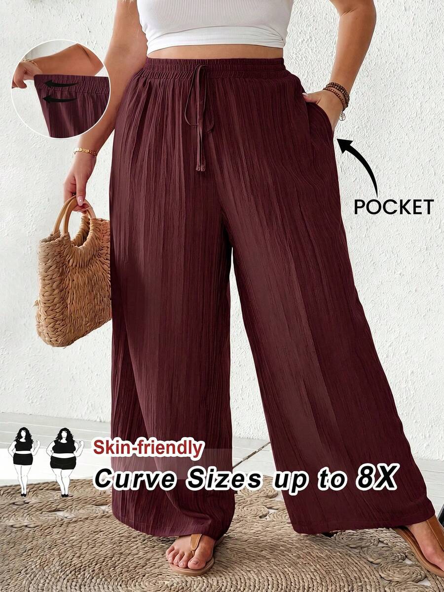 SHEIN CURVE+ 大尺碼女款春夏商務休閒海灘套裝,時尚通勤優雅紫色蓮藕粉寬腿口袋長褲,海灘度假穿搭 - 紫紅色 - 查看 1