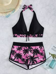 SHEIN Swim Conjunto de bikini de mujer con estampado de árbol de coco para playa de verano (estampado aleatorio) - Rosa - Ver 3
