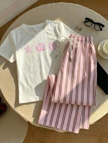 Comfortcana 两件套女士休闲裤装——粉色条纹长裤搭配海洋贝壳印花T恤，夏季度假穿搭，甜美可爱风，Y2K复古风，适合西部音乐节和海滩穿着。 - 彩色 - 查看 6