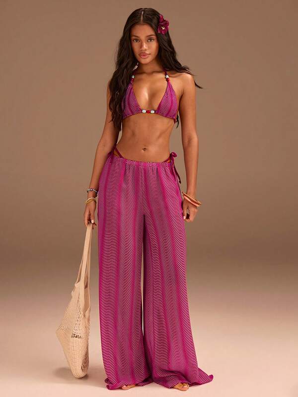 Athîral Women's Striped Pocket Casual Vacation Coverup & Wide Leg Pants Set