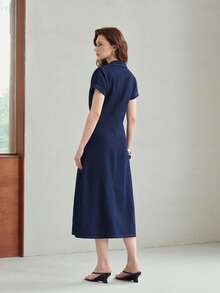 MOTF PREMIUM GAUN DENIM PANJANG PAS BADAN LENGAN SAYAP KELELAWAR UNTUK WANITA MUSIM SEMI/PANAS - Navy Blue - View 3
