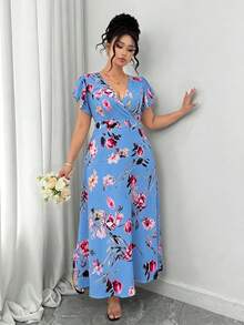 SHEIN Elenzya 大尺碼女款花卉印花荷葉袖休閒優雅度假洋裝 淺藍色 夏季 - 淺藍色 - 查看 5