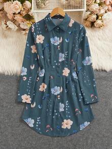 SHEIN Clasi 女士秋冬时尚百搭通勤印花衬衫裙 - 霧霾藍 - 查看 3