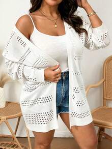 Elenzga Plus Size Solid Color Casual Long Sleeve Hollow-Out Knit Cardigan Fall - White - View 3