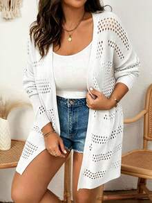Elenzga Plus Size Solid Color Casual Long Sleeve Hollow-Out Knit Cardigan Fall - White - View 5