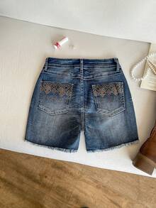 SHEIN Quần short denim nữ mùa hè phong cách thời trang dạo phố chic thường ngày đi làm cạp thấp đính đá giặt mài - Màu xanh lam - Xem 2