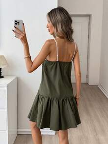 Easowa Color Block Square Neck Ruffle Hem A-Line Dress, Casual Loose Elegant Commuter Vintage Style Mini Dress For Women, Spring/Summer - Green - View 6