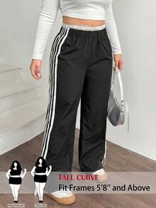 SHEIN Tall CURVE Plus Size Women's Casual Sports Black And White Striped Side Loose Wide Leg Pants,Elastic Waist Gym Long Trousers For Sommar,Daily Commute,Y2K Fashion - Black - View 6