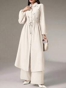Modelyn Women's Rhinestone Decor Drawstring Waist Long Sleeve Long Shirt And Pants Casual 2-Piece Set - Apricot - View 4