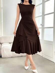 Modelyn Women's Solid Color Ruffle Hem Sleeveless Elegant Dress, Spring/Summer - Coffee Brown - View 4