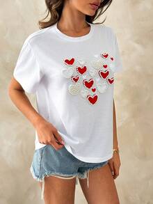 SHEIN Cottnline Damen Premium Weiß Baumwolle T-Shirt mit 3D Kunstperlen-Applikationen in Herzform, Touchscreen-Akzenten und eleganter femininer Silhouette für den Alltag - Weiss - Übersicht 4