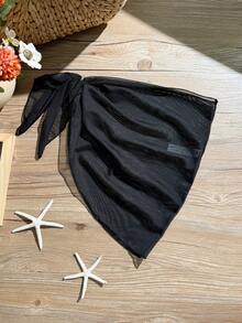 SHEIN Black Solid Color Minimalist Chiffon Dress With Starfish Decor, Suitable For Teenagers (Girls), Vacation, Summer, Beach, Swimming Pool, Party - Black - View 2