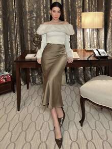 hhfernanda 褶皱缎面裙，女士优雅褶皱，拉链长款常规款自然米色纯色女裙，春夏，职业/商务装/工作服 - 咖啡棕 - 查看 5
