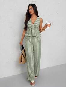 SHEIN PETITE 女款綠色條紋綁腰無袖襯衫與長褲兩件套，夏季休閒波希米亞度假復古風格，適合嬌小身型野餐穿搭 - 軍綠色 - 查看 3