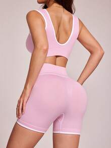 SHEIN Sports Women's Summer Contrast Trim Ribbed Racerback Sports Bra And Shorts Set - Pink - View 2