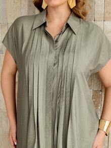 Roveilla Plus Size Women Summer Elegant Sage Green Sommar Midi Dress,Shirt Collar Raglan Sleeve Loose  Pleated Button Front Smart Casual Everyday Retro Office - Green - View 8