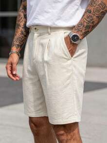 Manfinity CasualCool Quần short nam dáng suông, túi xéo, chất liệu vải lanh, rộng đến đầu gối, thoáng mát, màu trơn, cơ bản cho mùa hè. Quần short nam mùa hè, quần short nam thường ngày, quần short kaki nam, quần Bermuda nam, quần short vải lanh cho nam. Một món quà tuyệt vời cho bạn trai hoặc chồng. - Màu be - Xem 3