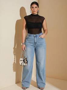 SHEIN BAE CURVE 大码女式纯色网纱拼接性感连体衣 - 黑色 - 查看 5