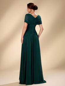 Serin Elegantes, luxuriöses, romantisches elastisches Strickkleid mit gerafften Ärmeln, V-Ausschnitt und Fischschwanzsaum in A-Linie, geeignet für Hochzeiten, Singles-Partys, Urlaub, Brautmütter, Abendkleider - Grün - Übersicht 3