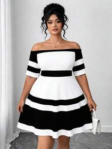SHEIN CURVE+ Plus Size Black And White Elegant Casual Retro Striped Off-Shoulder Short-Sleeved A-Line Midi Dress Summer Wedding Formal Wedding Guest Bridal Shower - Black and White - View 4