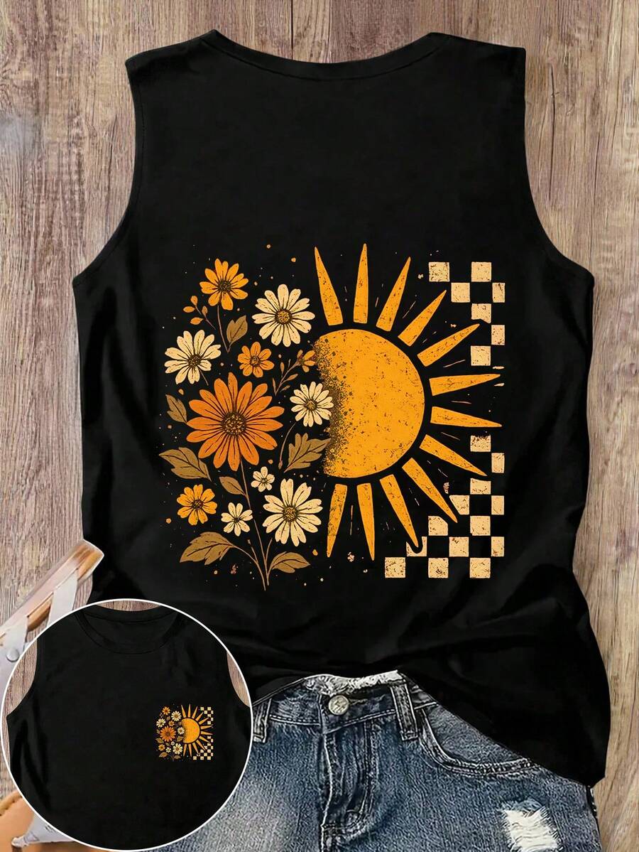 EMERY ROSE Plus Size Minimalist Traditional Print Round Neck Sleeveless Tank Top Vacation Black Summer - Black - View 1
