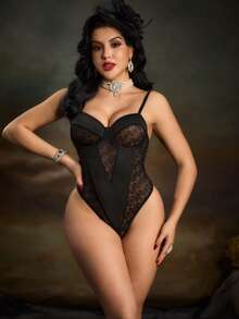 PinupPomp Bộ jumpsuit gợi cảm phong cách tối giản cổ điển phối ren dành cho nữ - màu đen - Xem 6