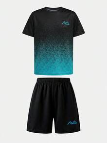 SHEIN 2件套男童休闲足球图案圆领短袖T恤和短裤运动套装 - 彩色 - 查看 5