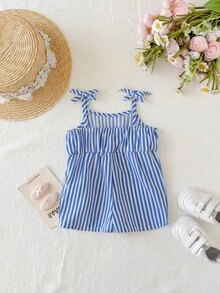 SHEIN 新生女宝宝可爱夏季碎花连体衣 - 藍白色 - 查看 2