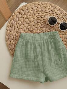 2pcs Baby Solid Color Round Neck Short Sleeve Cardigan Top And Elastic Waist Shorts Set, For Baby Boy Or Baby Girl,Kids - Mint Green - View 5
