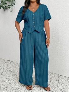 SHEIN Frenchy Plus Size Spring/Summer Casual Minimalist Versatile Striped 2 Pieces Suit Set, Women Blazer + Pants In Fall/Winter - Teal Blue - View 7