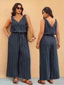 Elaquor Plus Size Summer Jumpsuit, Striped Wide Leg With Pockets Vacation Cruise Navy Blue Boho - Navy Blue - View 11