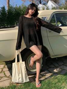 DAZY 女款時尚透視長袖罩衫上衣，適合海灘度假夏季穿著 - 黑色 - 查看 4
