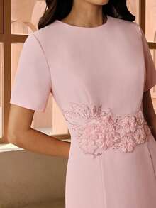 Anewsta Women's Elegant Modern Minimalist Round Neck Water-Soluble Lace Patchwork Waist Ruffle Trim Pink Short Sleeve Dress, Spring/Summer - Pink - View 4