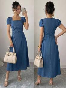 Elenzga Summer Vacation Casual Vintage Chic Elegant Square Neck Puffed Sleeve Ruched Waist Light Blue Denim Daily Wear Going Out Women's Midi Denim Dress - Dark Wash - View 7