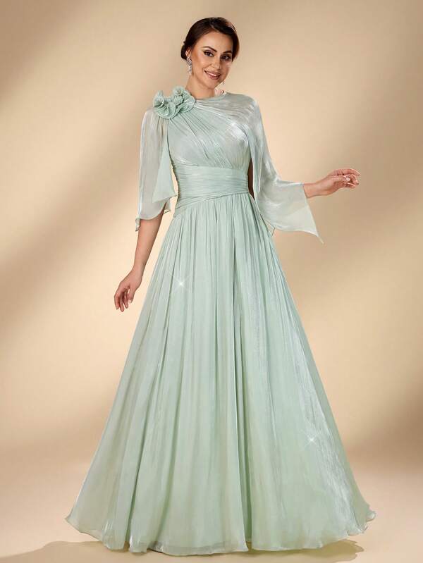 Serin Elegant Mint Green Shimmer Pleated A-Line Long Bridal Mother Dress, With 3D Floral Shawl And Flowing Sleeves, Summer Formal Wedding Guest Gown