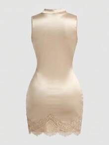 Vestido de mujer de satén con cuello alto sin mangas, cintura plisada, forma asimétrica y sexy, con adorno de encaje. Vestido de satén para mujer, vestido de verano para mujer, vesti - Caqui - Ver 2